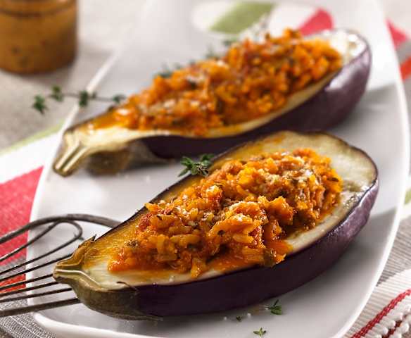 Aubergines farcies au riz complet