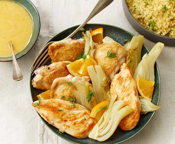 Hauts de cuisse de poulet, fenouil, sauce à l’orange