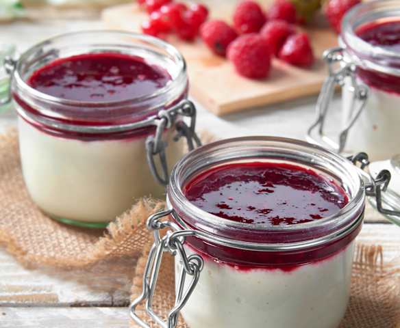 Almond milk jellies with fruit coulis