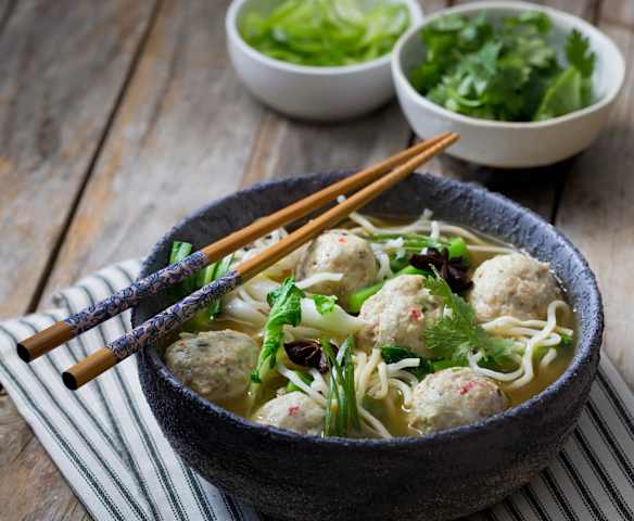 Prawn and fish ball soup with Ramen noodles Prawn and fish ball soup with Ramen noodles