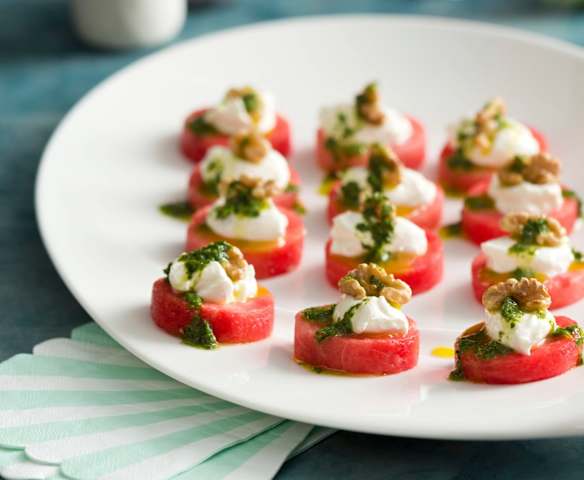 Watermelon Canapés with Whipped Feta and Walnuts