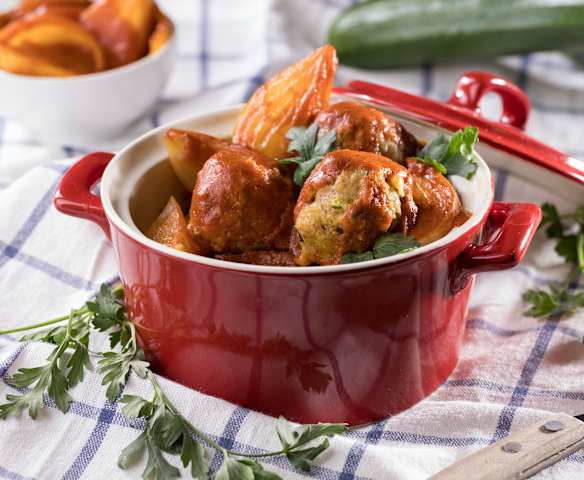 Polpette di pane e seitan con cipolle stufate
