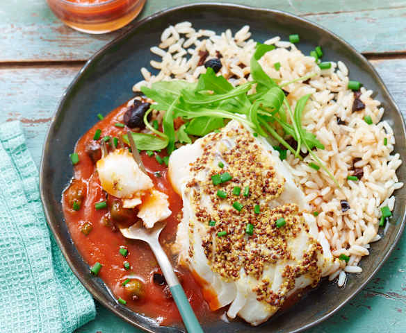 Cabillaud à la moutarde, riz et sauce tomate
