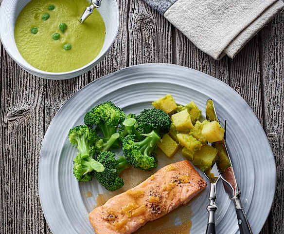 Pea and Ginger Soup, Lemon Salmon with Broccoli and Potatoes