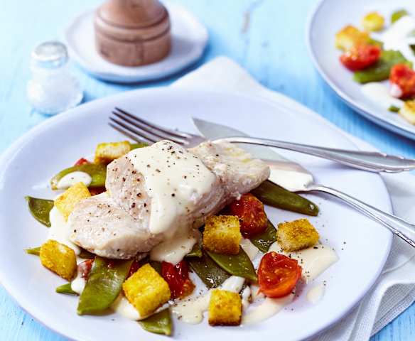 Seelachs mit Dijon-Senfsauce und Currycroûtons