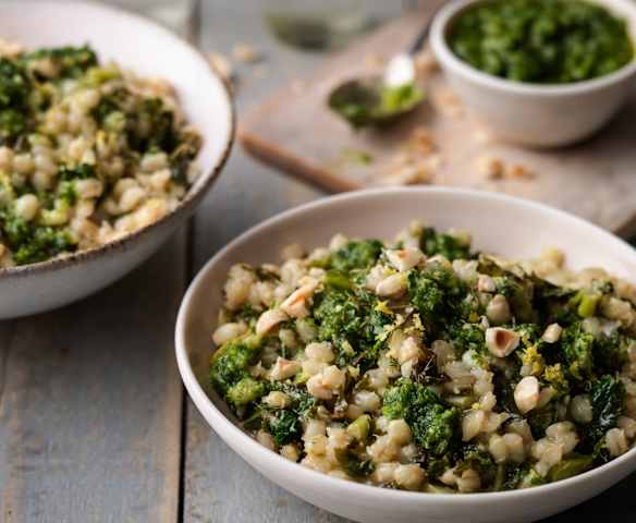 Lemon and Kale Pearl Barley Risotto with Parsley and Hazelnut Pesto