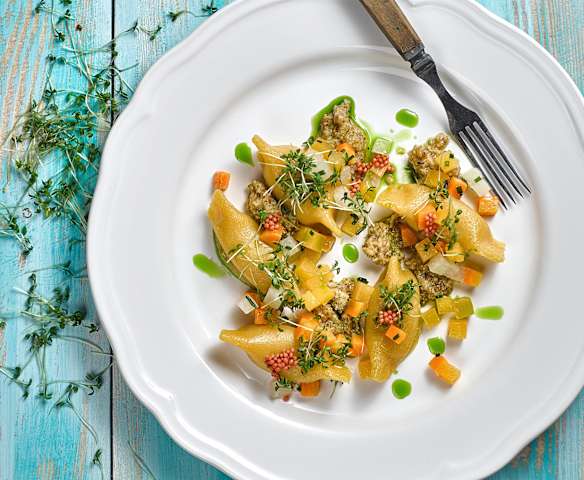 Taštičky plněné králíkem, nakládaná hořčice