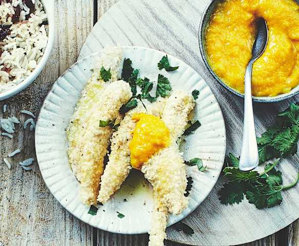 Aiguillettes de poulet au sésame, riz aux cranberries
