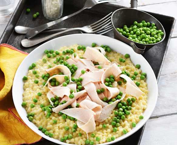 "Perlotto" express, petits pois et jambon
