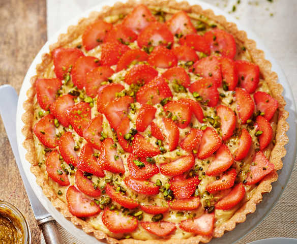Tarte aux fraises, pâte sablée à la pistache