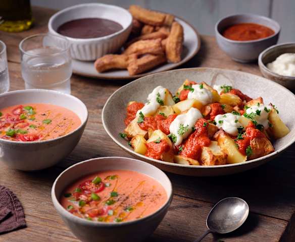 Gazpacho; Patatas Bravas with Aioli; Churros with Chocolate Coconut Ganache