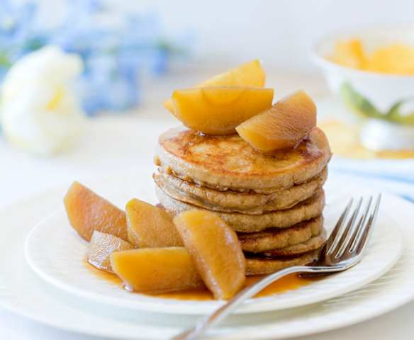 Wholefood Pancakes with Vanilla and Cinnamon Poached Apples