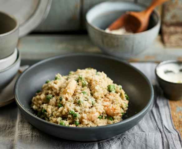 Risoto de ervilhas e camarão