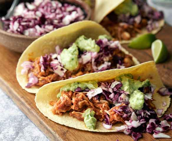 BBQ Pulled Jackfruit Tacos with Avocado Crema and Slaw