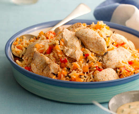 Chicken with Carrot & Red Pepper Rice and Creamy Mustard Sauce Chicken with Carrot & Red Pepper Rice and Creamy Mustard Sauce