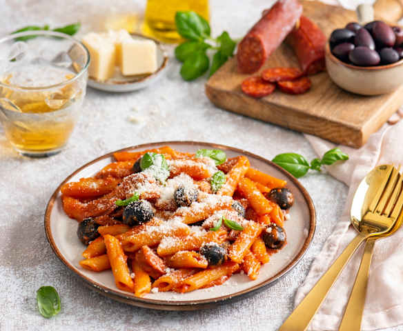 Makaron w sosie pomidorowym z chorizo i oliwkami