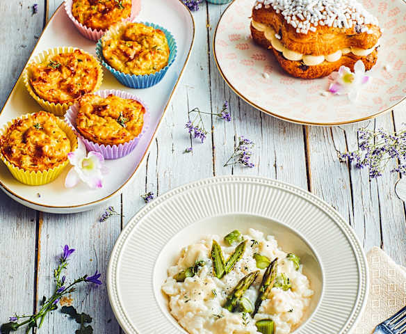 Menù: Risotto asparagi e Taleggio, Muffin salati e Crema pasquale (Pasqua) (Bimby Friend)