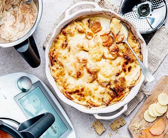 Gratin dauphinois, patate douce et cheddar à la truffe