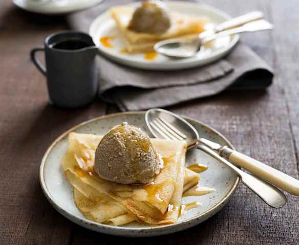 Dairy free coconut caramel ice cream with crêpes