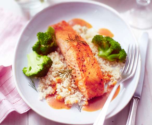 Salmon with Broccoli, Couscous and Honey Mustard Sauce