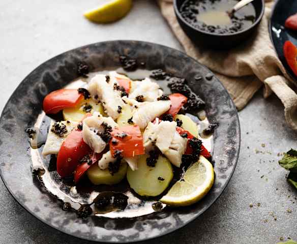 Lotte, pomme de terre et poivron (cuisson sous vide)