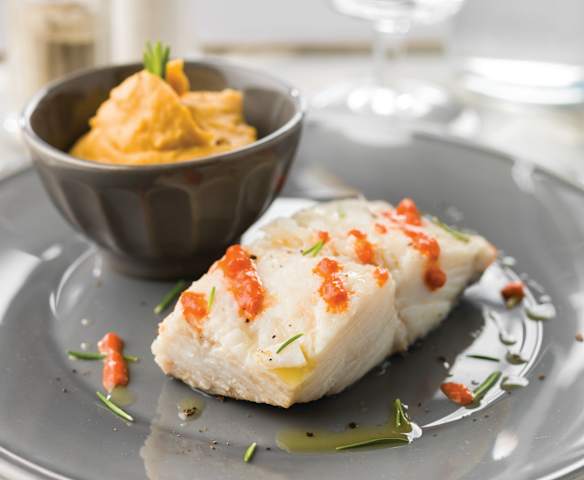 Bacalhau com puré de grão e batata doce