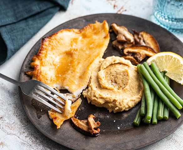 Miso fish with green beans and chickpea puree