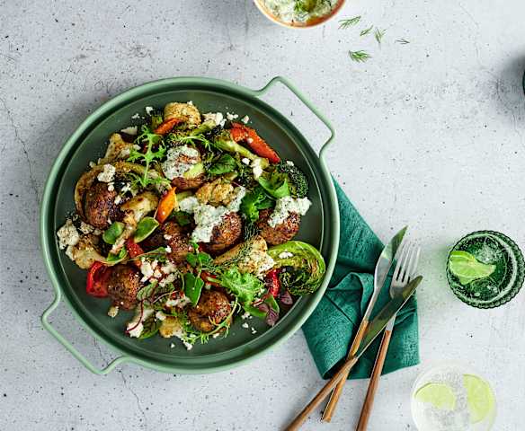 Greek-style meatballs with warm veg salad (Noni Jenkins)