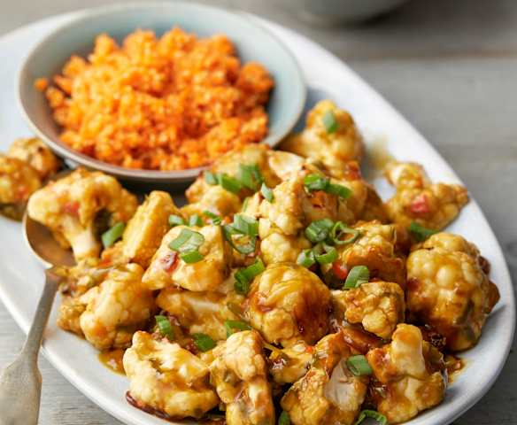 Kung Pao Cauliflower with Pickled Carrot and Sesame Salad