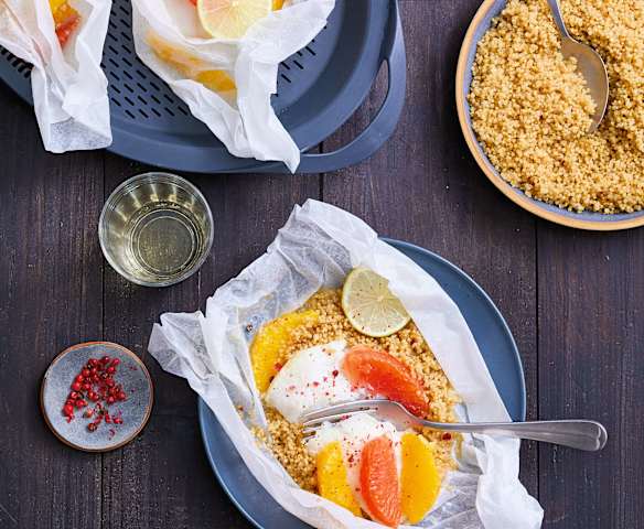 Papillote de cabillaud aux agrumes et quinoa