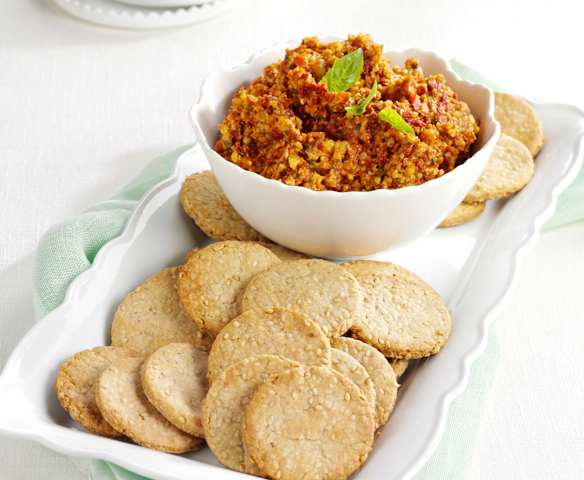Savory Benne Wafers with Red Pepper Tapenade
