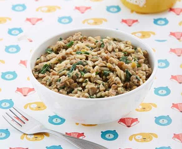 Guiso de arroz, lentejas y espinaca