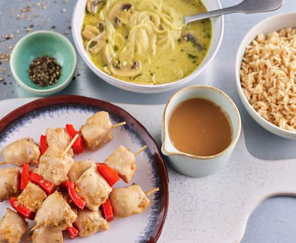 Asian Curried Mushroom Soup; Chicken and Pepper Souvlaki with Rice