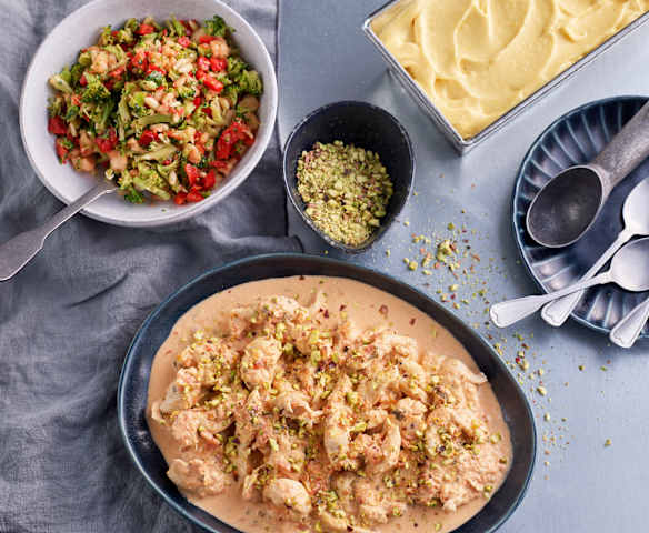 Chicken Strips with Tomato Mascarpone Sauce and Broccoli Salad; Fruit Sorbet