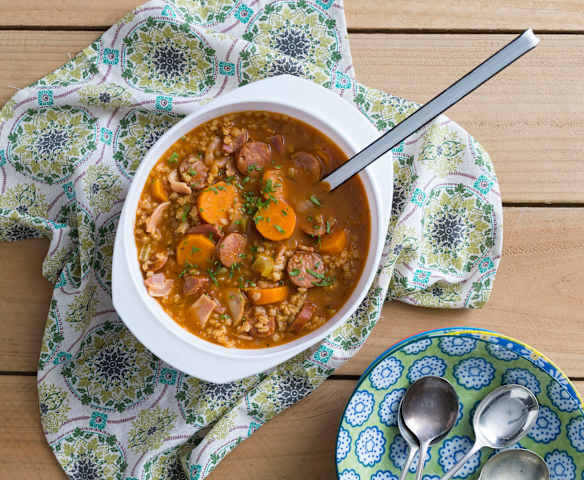 Barley, bacon and chorizo soup