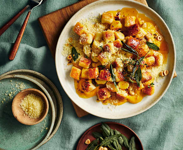 Ricotta gnocchi "ripassati" with lemon-sage butter and pumpkin puree