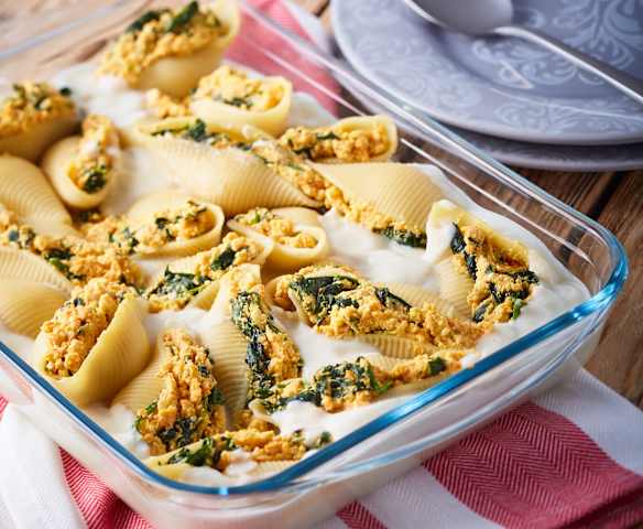 Sweet Potato Stuffed Shells with Cauliflower Alfredo Sauce