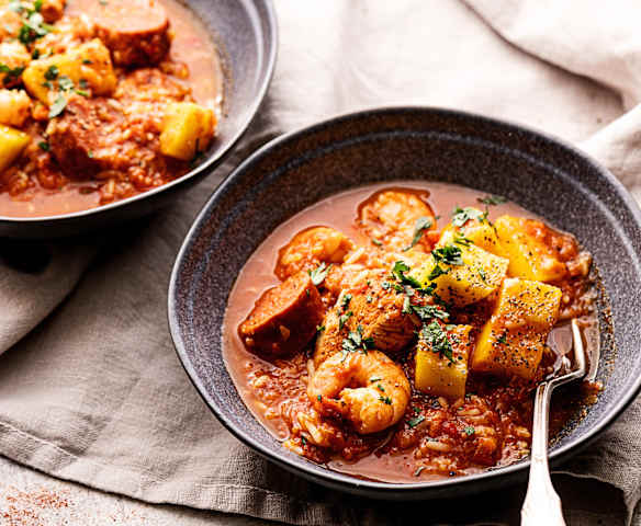 Jambalaya com chouriço, camarão e manga