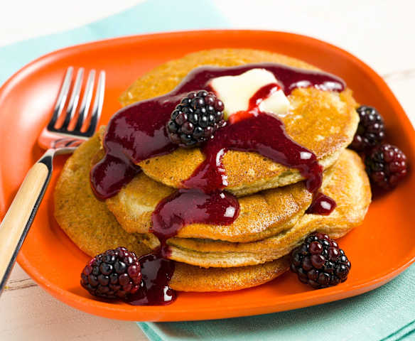 Fluffy Almond Pancakes with Blackberry Syrup