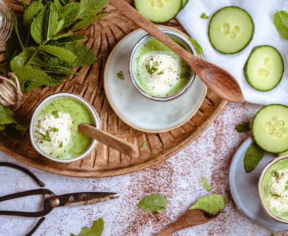 Gaspacho concombre, roquette et mousse wasabi