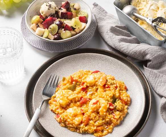 Menu: Rice with Peppers and Prawns; Fruit Salad Papillote with Ice Cream
