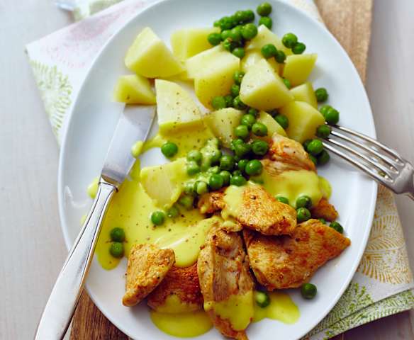 Hähnchen mit Kartoffeln, Erbsen und Orangen-Frischkäse-Sauce