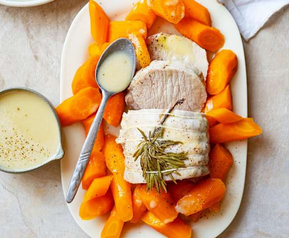 Rôti de porc,  sauce au miel et carottes