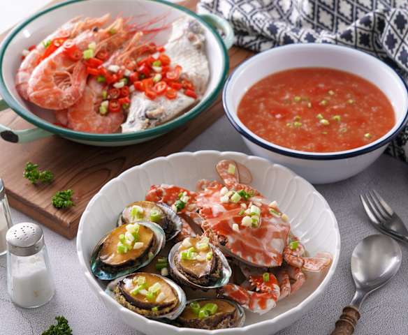 天使紅鍋-天使蝦剁椒魚下巴+花蟹鮑魚+番茄芹菜粥