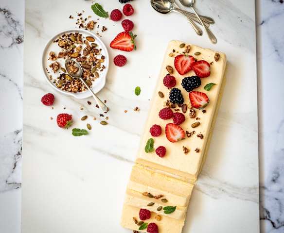 Citrus mascarpone semifreddo with Manjimup walnut & cacao nib dukkah (Russel Blaikie)