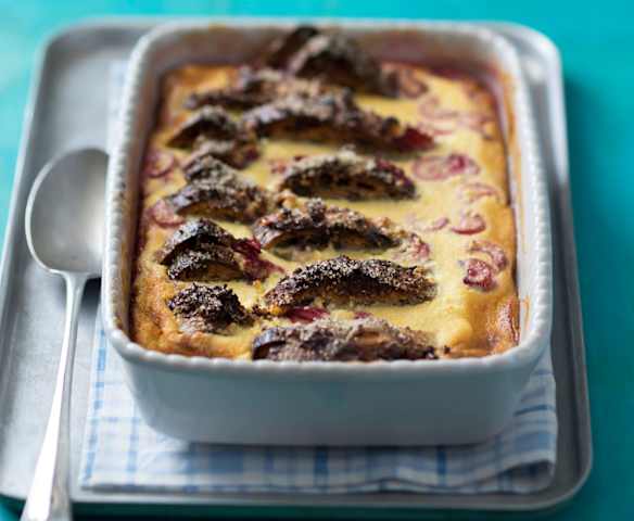 Rhubarb and ricotta bread and butter pudding