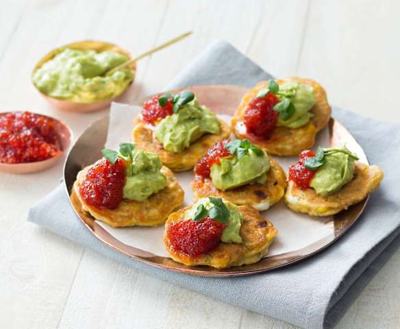 Sweetcorn fritters with chilli jam and avocado cream Sweetcorn fritters with chilli jam and avocado cream