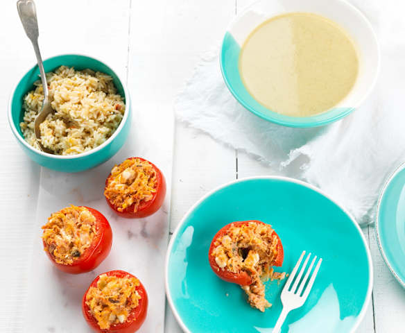 Broccoli, Cauliflower and Courgette Soup, Tomatoes Stuffed with Tuna and Leeks, and Tomato Rice