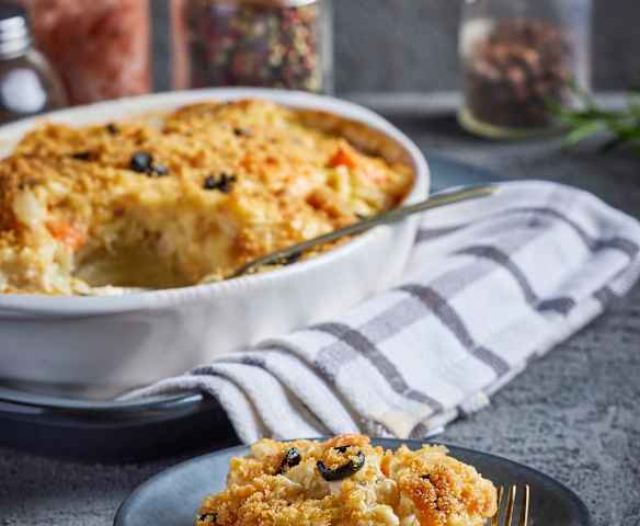 Gratinado de pescado y camarones