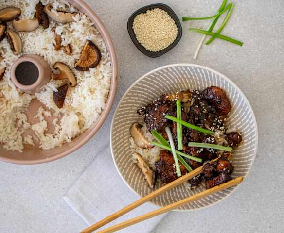 Sticky pork belly with jasmine rice